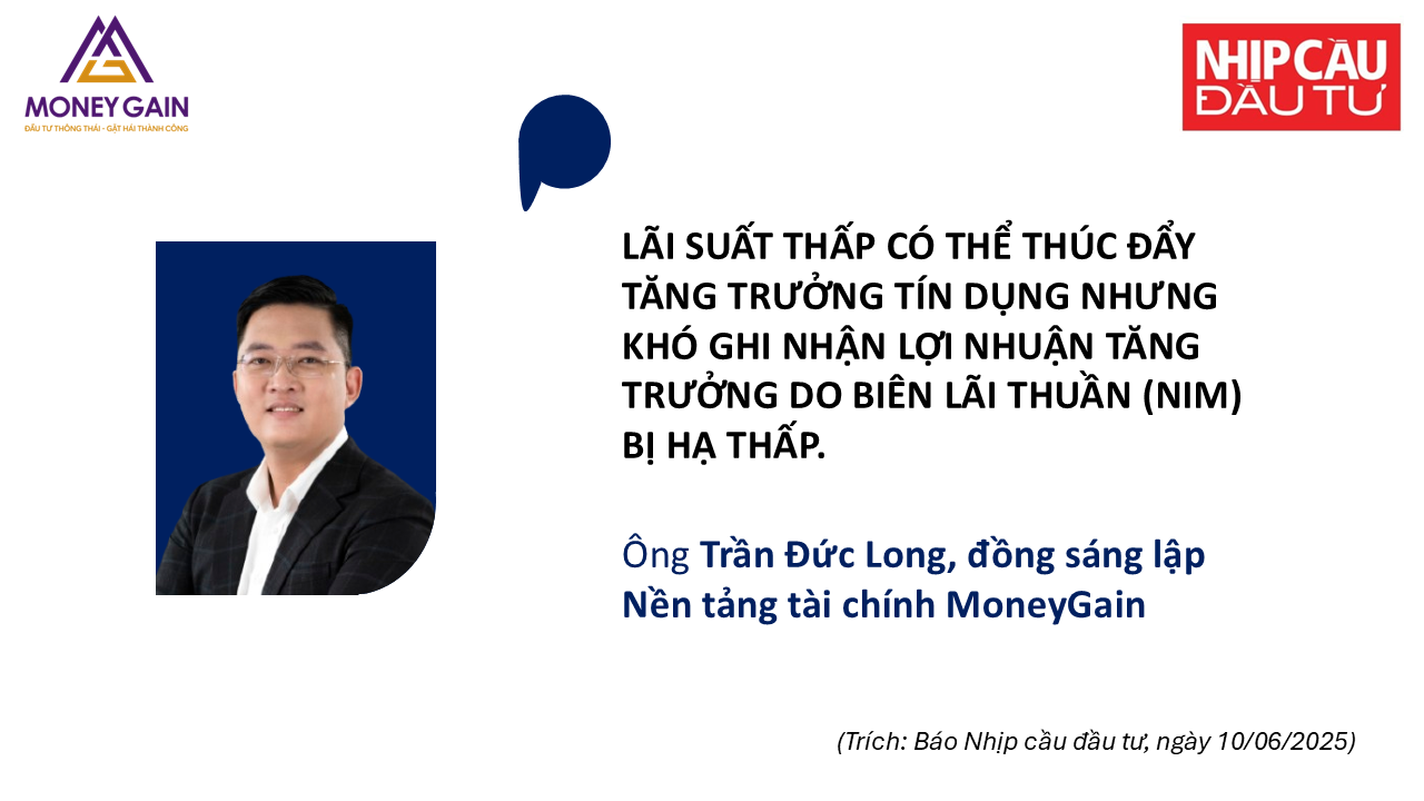 Trích lời ông Trần Đức Long: Lãi suất thấp có thể thúc đẩy tăng trưởng tín dụng nhưng khó ghi nhận lợi nhuận tăng trưởng do biên lãi thuần (NIM) bị hạ thấp. Báo Nhịp cầu đầu tư, 10/06/2025